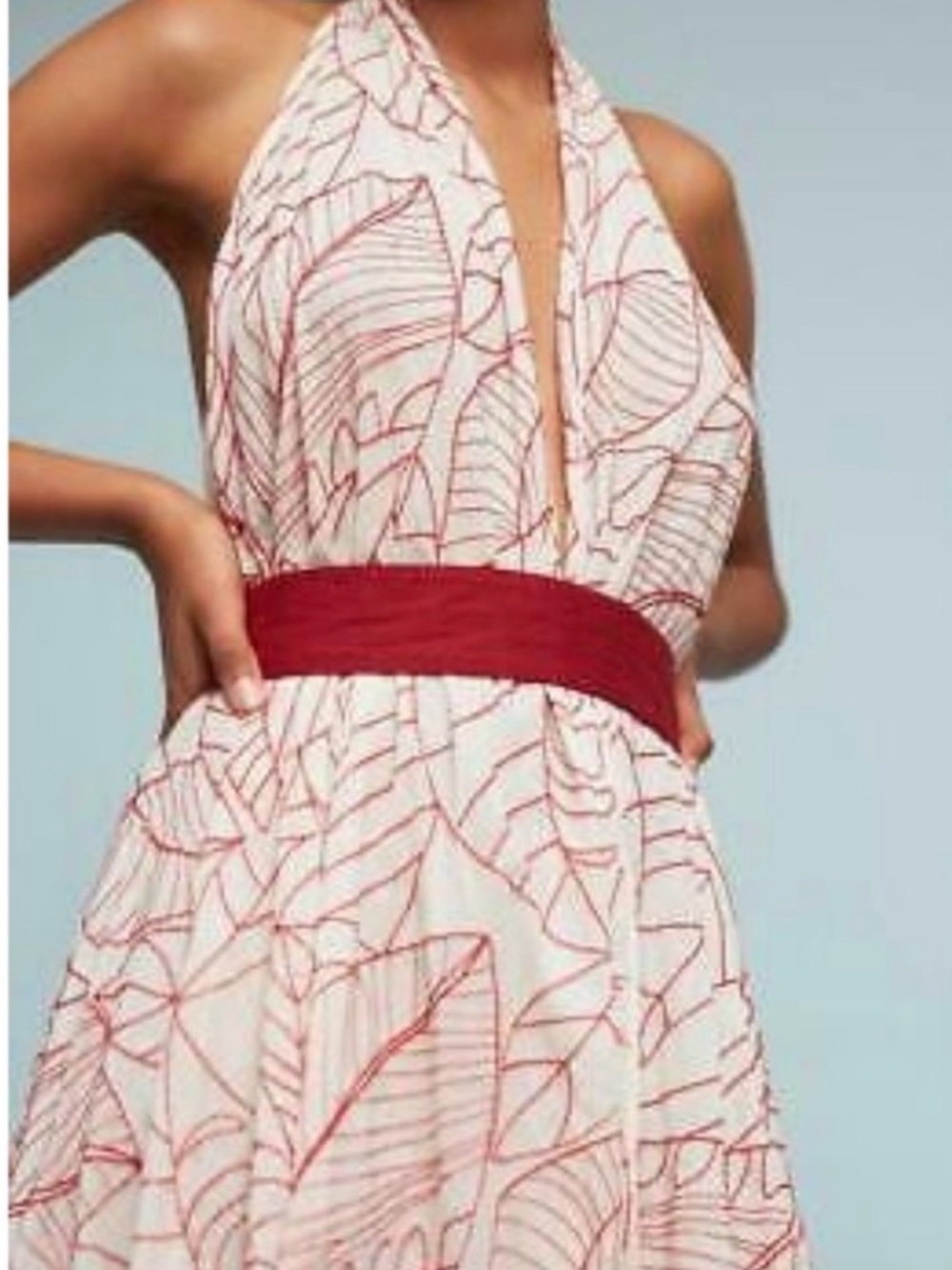 Anthropologie Strapless White Dress with Red Leaf Print and Red belt